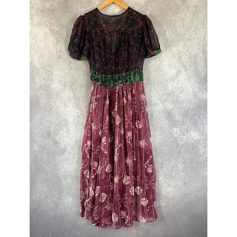 Free People Midi Dress Women XS Plum Black Floral Mixed Print Boho V-Neck Hippie - Picture 3 of 11